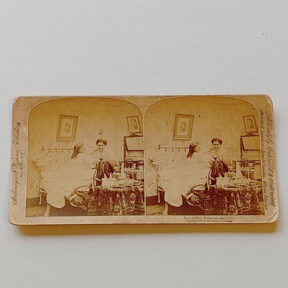 ANTIQUE STEREOGRAPH CARD Last in Bed Blows Out The Light 1889 - Picture 1 of 6